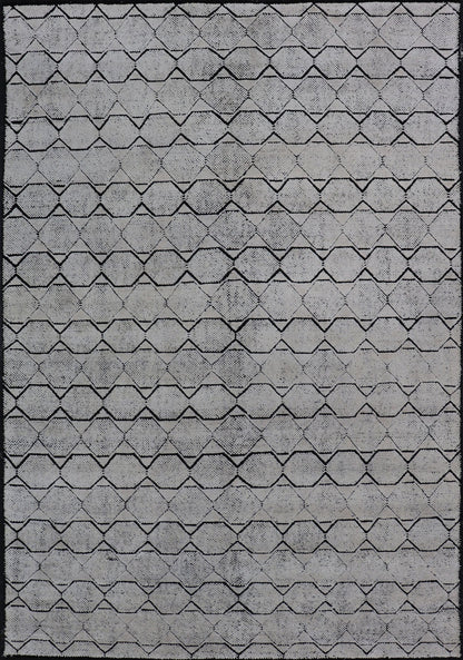 Indian Modern Geometric & Minimal Design Area Rug in Ivory and Black Measures 6'1 x 9'2 The design is a minimalistic, repeating pattern of octagons and triangles in black and ivory paneling the entire face horizontally. With a less - is - m... - Keivan Woven ArtsIN - ILM - 162 - 20988Rug