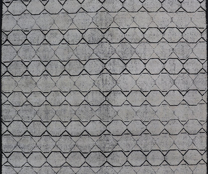 Indian Modern Geometric & Minimal Design Area Rug in Ivory and Black Measures 6'1 x 9'2 The design is a minimalistic, repeating pattern of octagons and triangles in black and ivory paneling the entire face horizontally. With a less - is - m... - Keivan Woven ArtsIN - ILM - 162 - 20988Rug