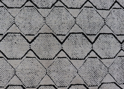 Indian Modern Geometric & Minimal Design Area Rug in Ivory and Black Measures 6'1 x 9'2 The design is a minimalistic, repeating pattern of octagons and triangles in black and ivory paneling the entire face horizontally. With a less - is - m... - Keivan Woven ArtsIN - ILM - 162 - 20988Rug