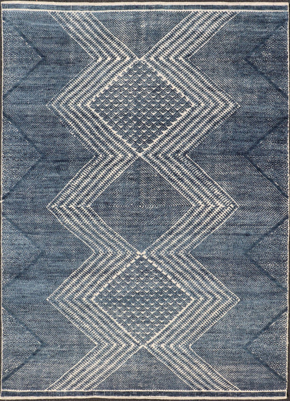 Modern Indian Area Rug with Tribal Design in Denim Blue and Ivory Measures 6'0 x 8'11 This elegant piece features a classic tribal stylization of vertical diamond medallions with a minimal twist. The medallions have a more modern de... - Keivan Woven ArtsIN - ILM - 165 - CB - 4018 - 20922