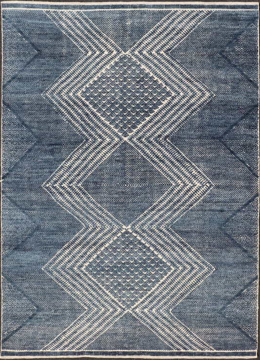 Modern Indian Area Rug with Tribal Design in Denim Blue and Ivory Measures 6'0 x 8'11 This elegant piece features a classic tribal stylization of vertical diamond medallions with a minimal twist. The medallions have a more modern de... - Keivan Woven ArtsIN - ILM - 165 - CB - 4018 - 20922