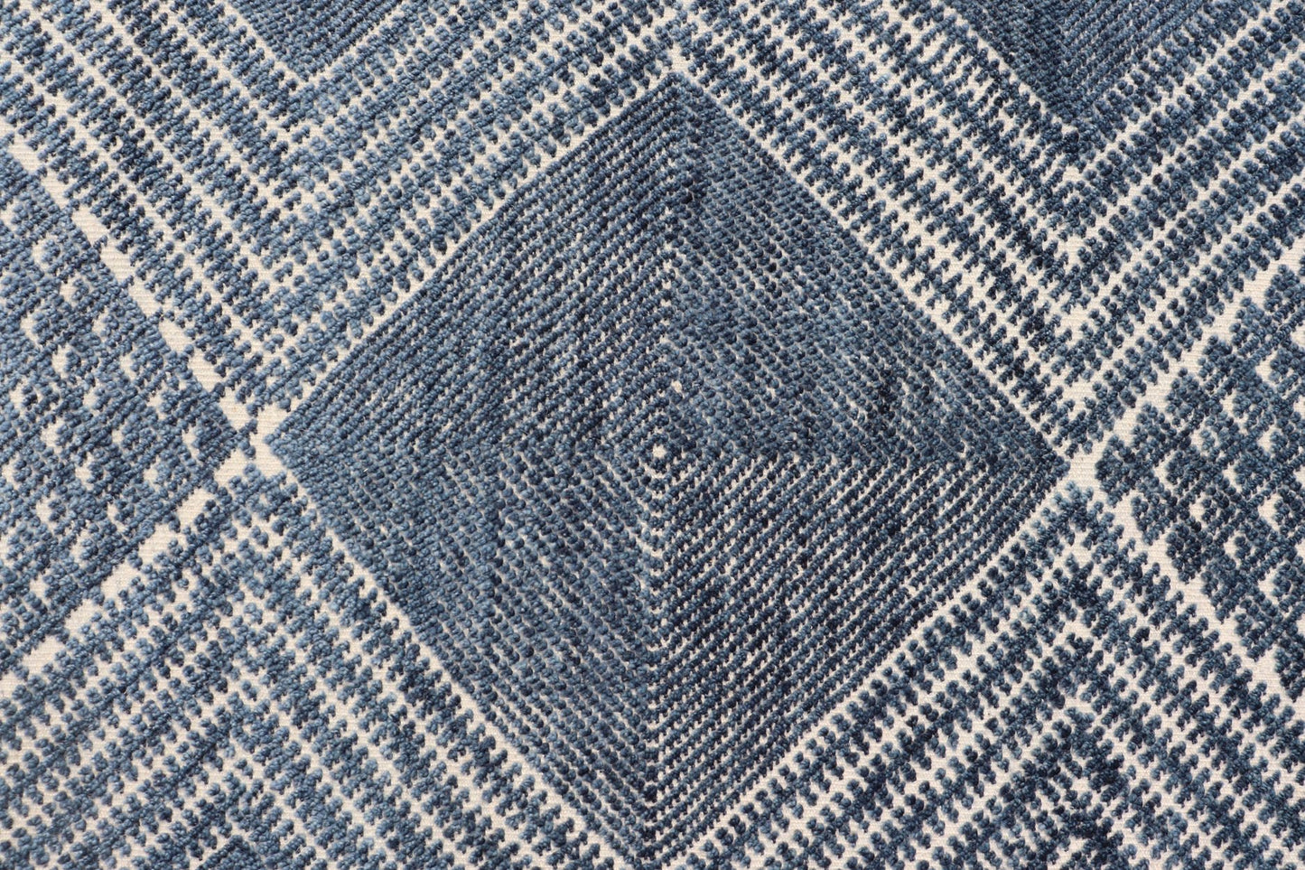 Modern Indian Area Rug with Tribal Design in Denim Blue and Ivory Measures 6'0 x 8'11 This elegant piece features a classic tribal stylization of vertical diamond medallions with a minimal twist. The medallions have a more modern de... - Keivan Woven ArtsIN - ILM - 165 - CB - 4018 - 20922Rug