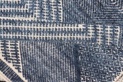 Modern Indian Area Rug with Tribal Design in Denim Blue and Ivory Measures 6'0 x 8'11 This elegant piece features a classic tribal stylization of vertical diamond medallions with a minimal twist. The medallions have a more modern de... - Keivan Woven ArtsIN - ILM - 165 - CB - 4018 - 20922