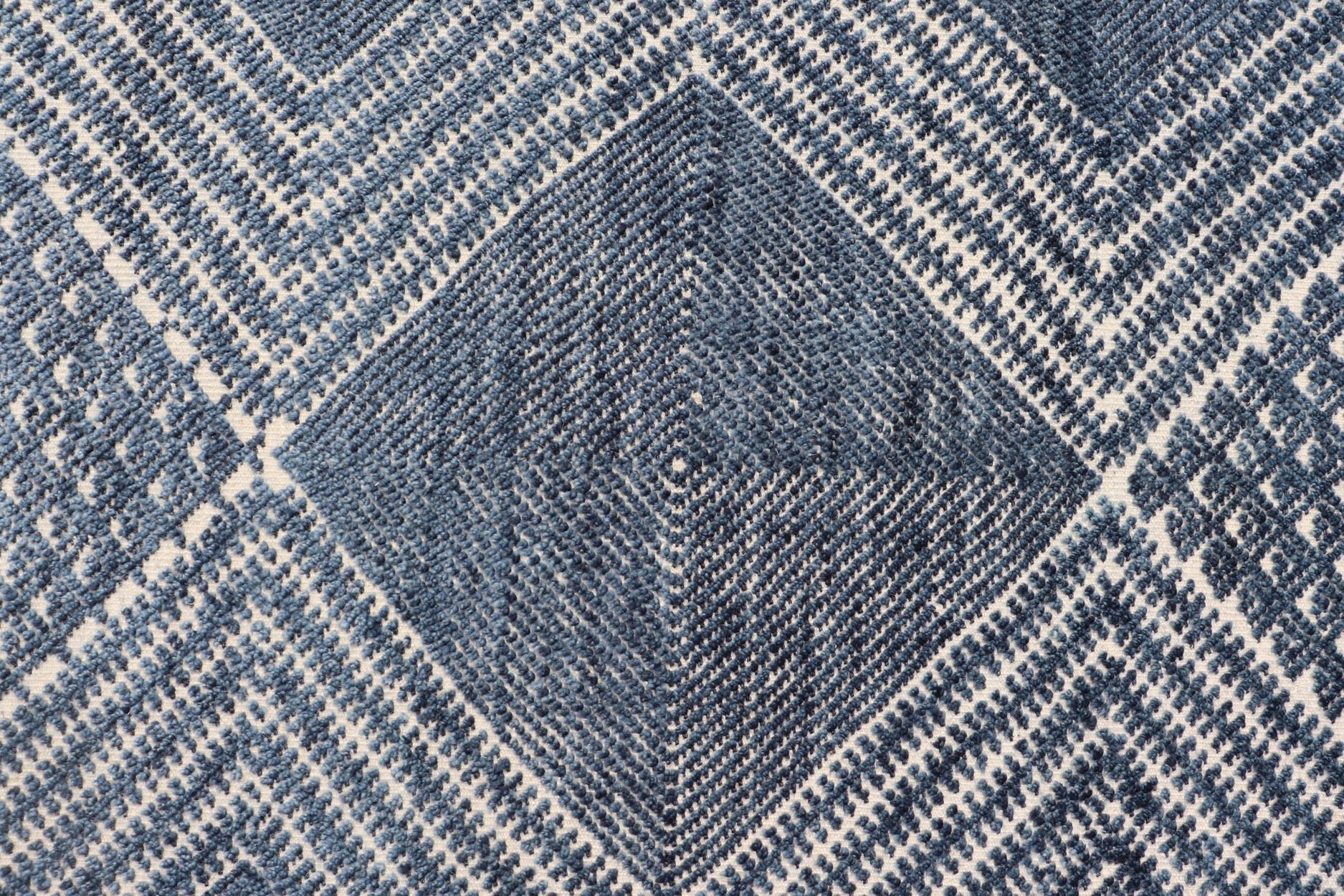 Modern Indian Area Rug with Tribal Design in Denim Blue and Ivory Measures 6'0 x 8'11 This elegant piece features a classic tribal stylization of vertical diamond medallions with a minimal twist. The medallions have a more modern de... - Keivan Woven ArtsIN - ILM - 165 - CB - 4018 - 20922