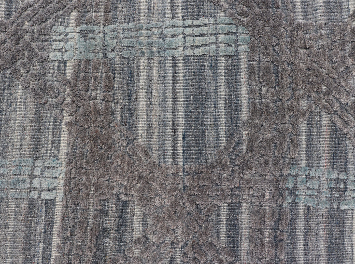 Modern Abstract Rug With Contemporary Design in Blue and Grey's Measures 4 x 5'1 The field's background is a blend light grey's, striping down the face horizontally. The design sets about the field, with a higher pile, making an textured... - Keivan Woven ArtsIN - ILM - 166 - JMS - 26A - 20928