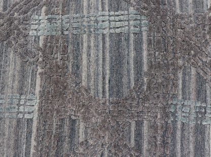 Modern Abstract Rug With Contemporary Design in Blue and Grey's Measures 4 x 5'1 The field's background is a blend light grey's, striping down the face horizontally. The design sets about the field, with a higher pile, making an textured... - Keivan Woven ArtsIN - ILM - 166 - JMS - 26A - 20928