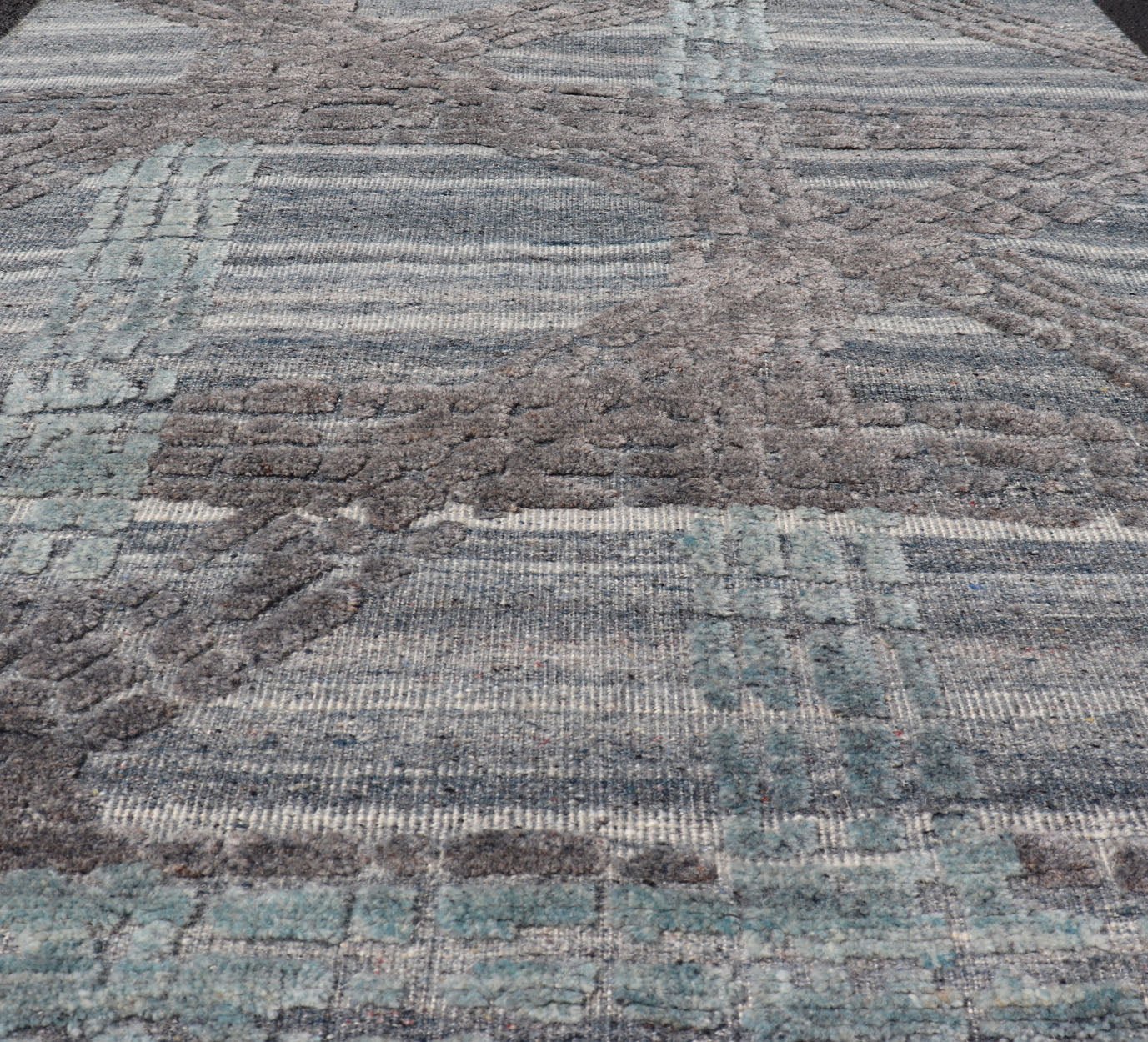 Modern Abstract Rug With Contemporary Design in Blue and Grey's Measures 4 x 5'1 The field's background is a blend light grey's, striping down the face horizontally. The design sets about the field, with a higher pile, making an textured... - Keivan Woven ArtsIN - ILM - 166 - JMS - 26A - 20928Rug
