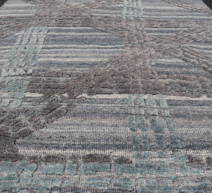 Modern Abstract Rug With Contemporary Design in Blue and Grey's Measures 4 x 5'1 The field's background is a blend light grey's, striping down the face horizontally. The design sets about the field, with a higher pile, making an textured... - Keivan Woven ArtsIN - ILM - 166 - JMS - 26A - 20928Rug