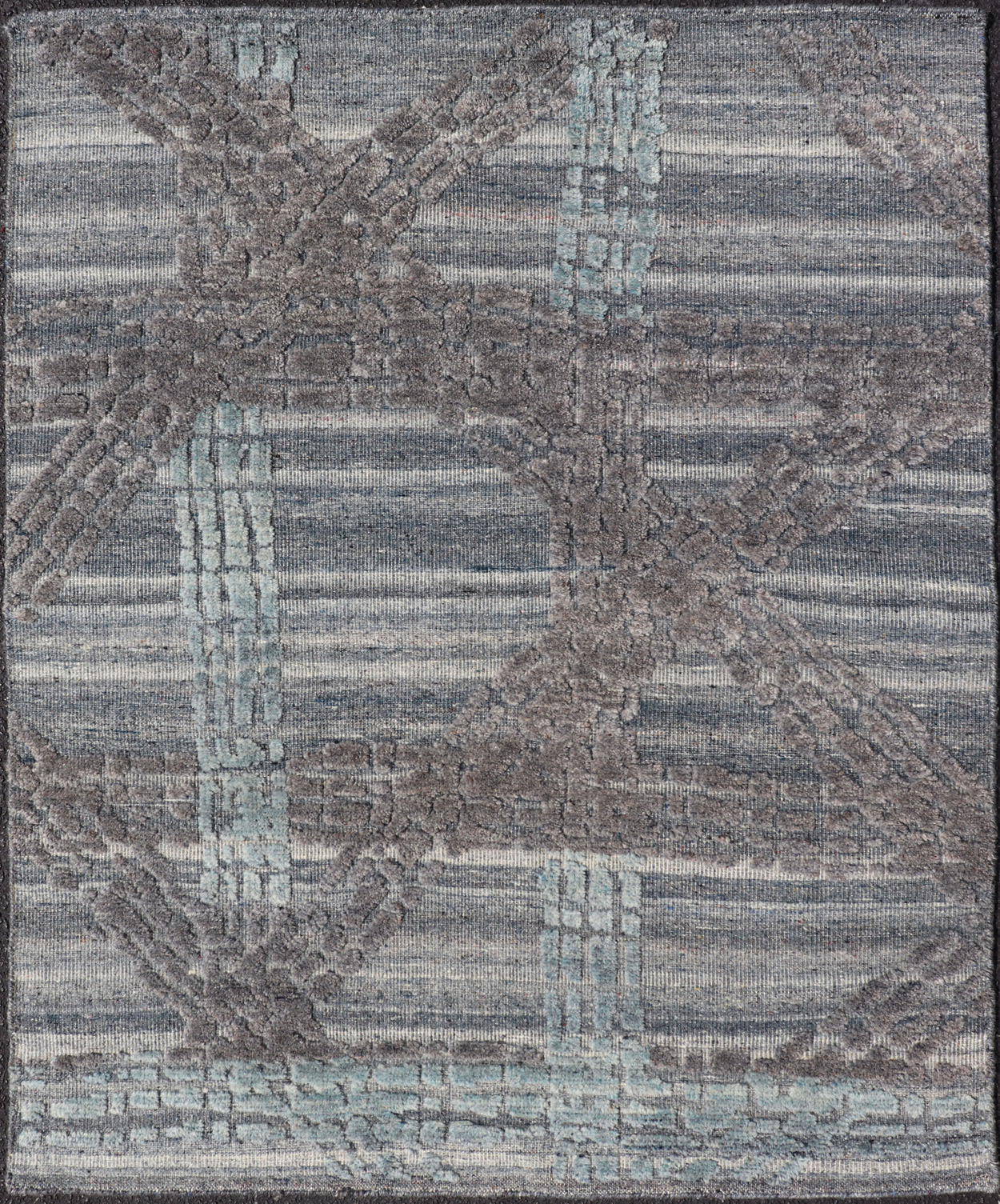 Modern Abstract Rug With Contemporary Design in Blue and Grey's Measures 4 x 5'1 The field's background is a blend light grey's, striping down the face horizontally. The design sets about the field, with a higher pile, making an textured... - Keivan Woven ArtsIN - ILM - 166 - JMS - 26A - 20928