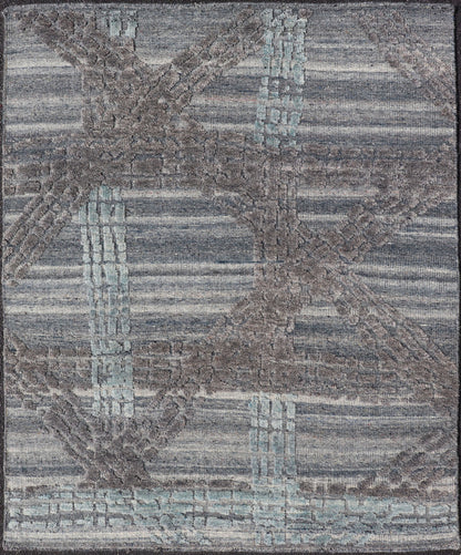 Modern Abstract Rug With Contemporary Design in Blue and Grey's Measures 4 x 5'1 The field's background is a blend light grey's, striping down the face horizontally. The design sets about the field, with a higher pile, making an textured... - Keivan Woven ArtsIN - ILM - 166 - JMS - 26A - 20928