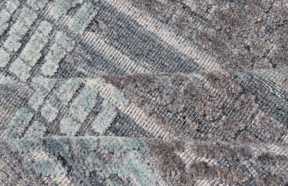 Modern Abstract Rug With Contemporary Design in Blue and Grey's Measures 4 x 5'1 The field's background is a blend light grey's, striping down the face horizontally. The design sets about the field, with a higher pile, making an textured... - Keivan Woven ArtsIN - ILM - 166 - JMS - 26A - 20928