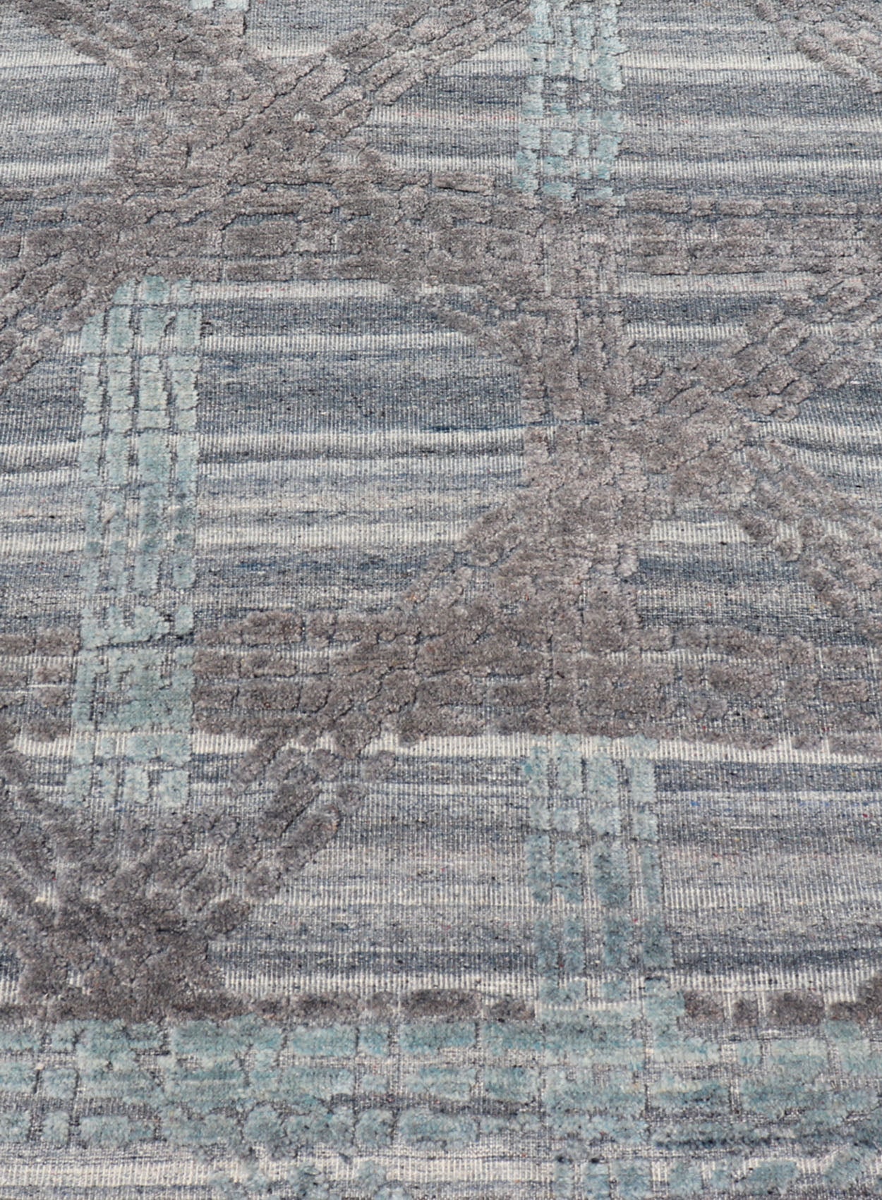 Modern Abstract Rug With Contemporary Design in Blue and Grey's Measures 4 x 5'1 The field's background is a blend light grey's, striping down the face horizontally. The design sets about the field, with a higher pile, making an textured... - Keivan Woven ArtsIN - ILM - 166 - JMS - 26A - 20928