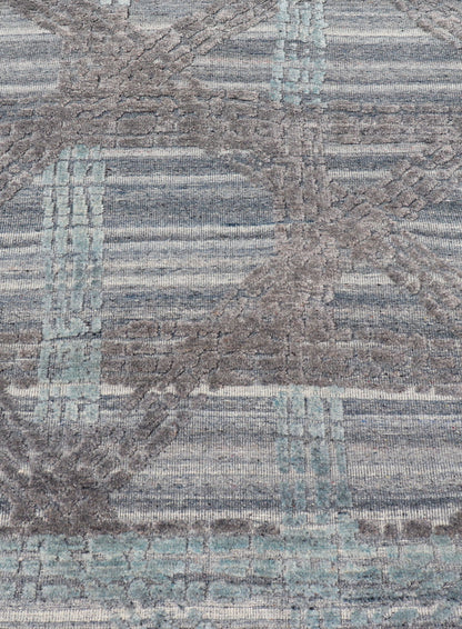 Modern Abstract Rug With Contemporary Design in Blue and Grey's Measures 4 x 5'1 The field's background is a blend light grey's, striping down the face horizontally. The design sets about the field, with a higher pile, making an textured... - Keivan Woven ArtsIN - ILM - 166 - JMS - 26A - 20928