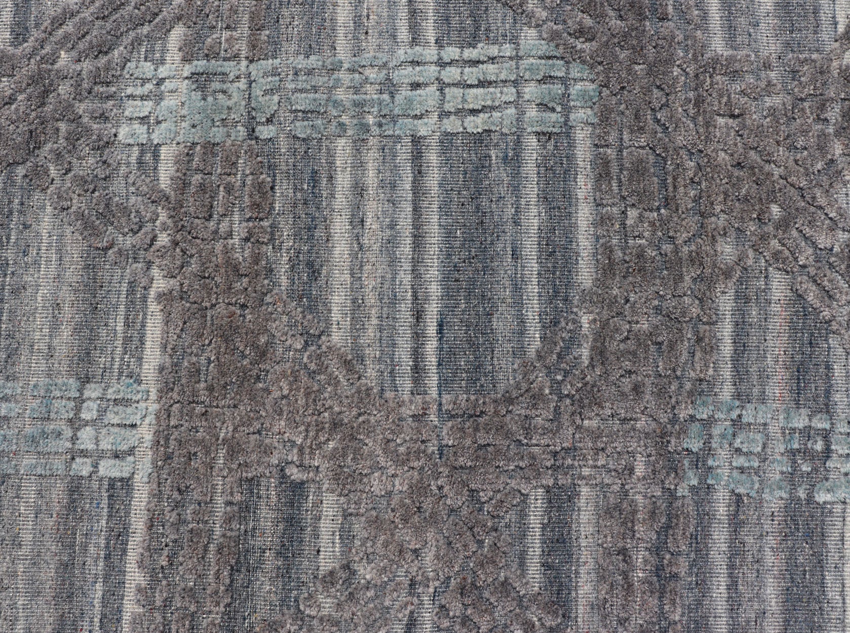 Modern Abstract Rug With Contemporary Design in Blue and Grey's Measures 4 x 5'1 The field's background is a blend light grey's, striping down the face horizontally. The design sets about the field, with a higher pile, making an textured... - Keivan Woven ArtsIN - ILM - 166 - JMS - 26A - 20928Rug