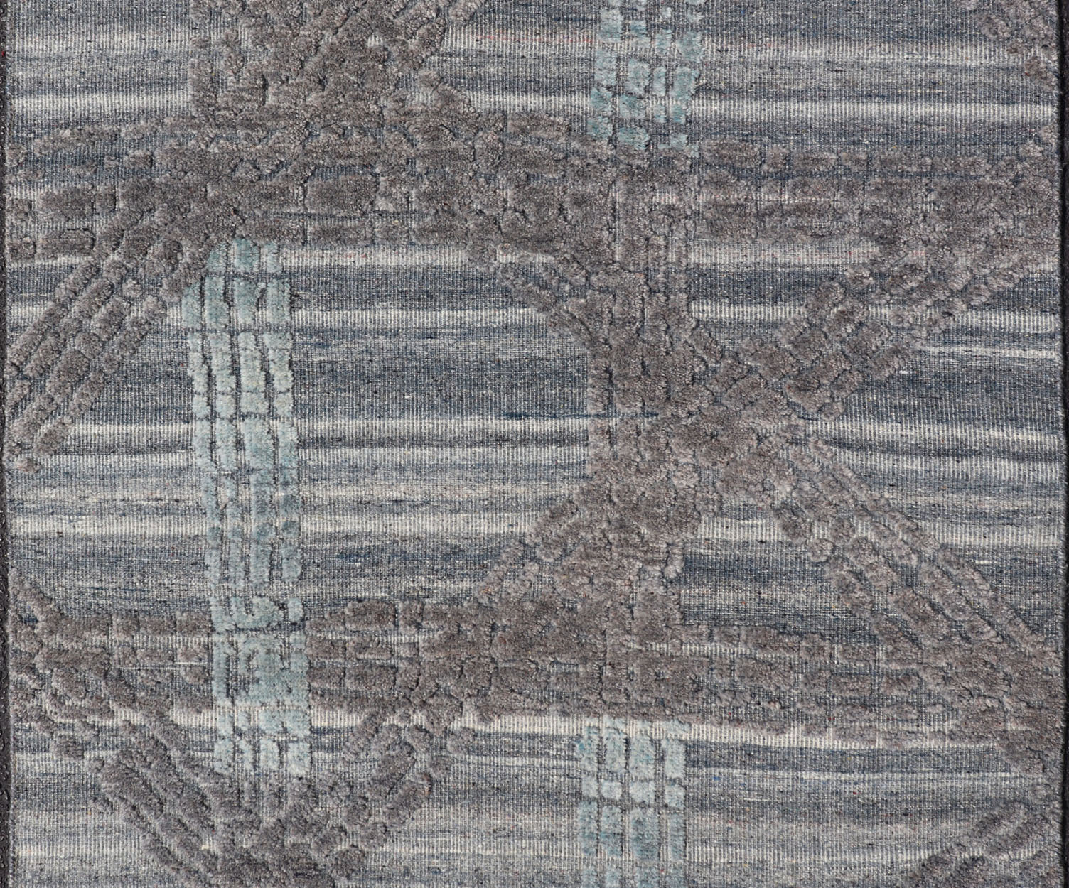 Modern Abstract Rug With Contemporary Design in Blue and Grey's Measures 4 x 5'1 The field's background is a blend light grey's, striping down the face horizontally. The design sets about the field, with a higher pile, making an textured... - Keivan Woven ArtsIN - ILM - 166 - JMS - 26A - 20928