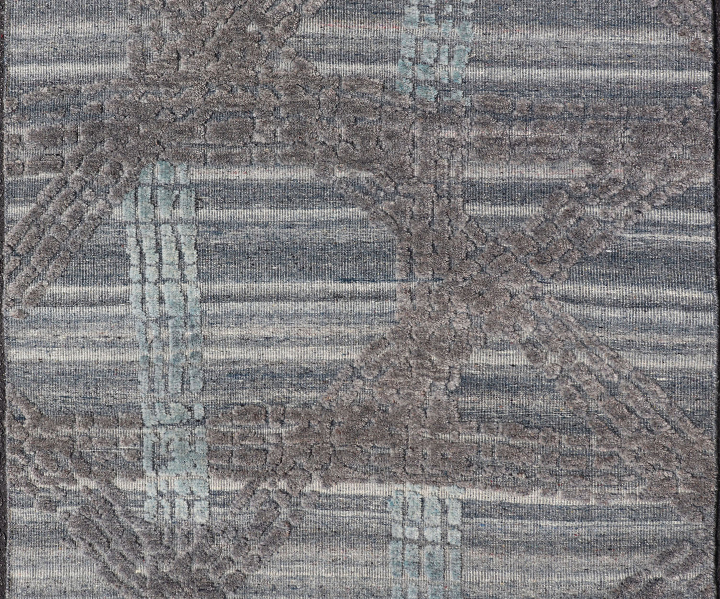 Modern Abstract Rug With Contemporary Design in Blue and Grey's Measures 4 x 5'1 The field's background is a blend light grey's, striping down the face horizontally. The design sets about the field, with a higher pile, making an textured... - Keivan Woven ArtsIN - ILM - 166 - JMS - 26A - 20928Rug