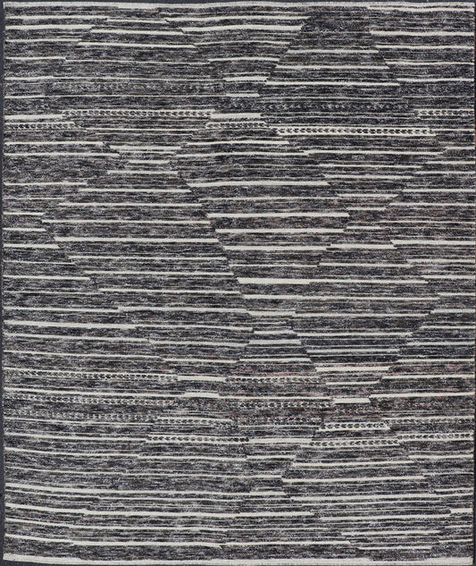 Sub - Geometric Diamond Stripes Modern Casual Rug in Black and Ivory Measures 8 x 9'11 This unique piece features asymmetrical horizontal stripes rendered in black and ivory. The field cleverly places a diamond pattern within the stripes ... - Keivan Woven ArtsIN - ILM - 169 - VT - 6286 - 20940Rug