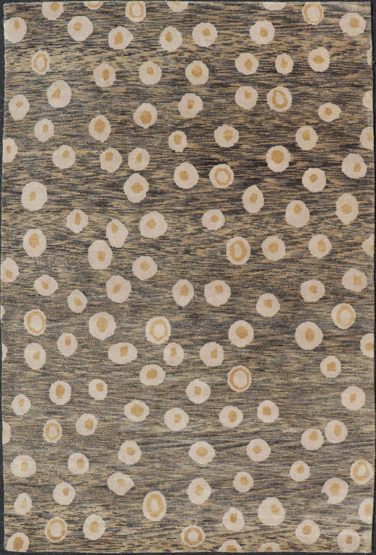 Modern Rug With Abstract Design in Shades of Green - Brown, Cream and Yellow Measures 5'10 x 8'10 This piece features a blended field background, rendered in camel, green, and cocoa. The design is an asymmetrical dot pattern in cream and mu... - Keivan Woven ArtsIN - ILM - 175 - MFL - 0007 - 20952Rug