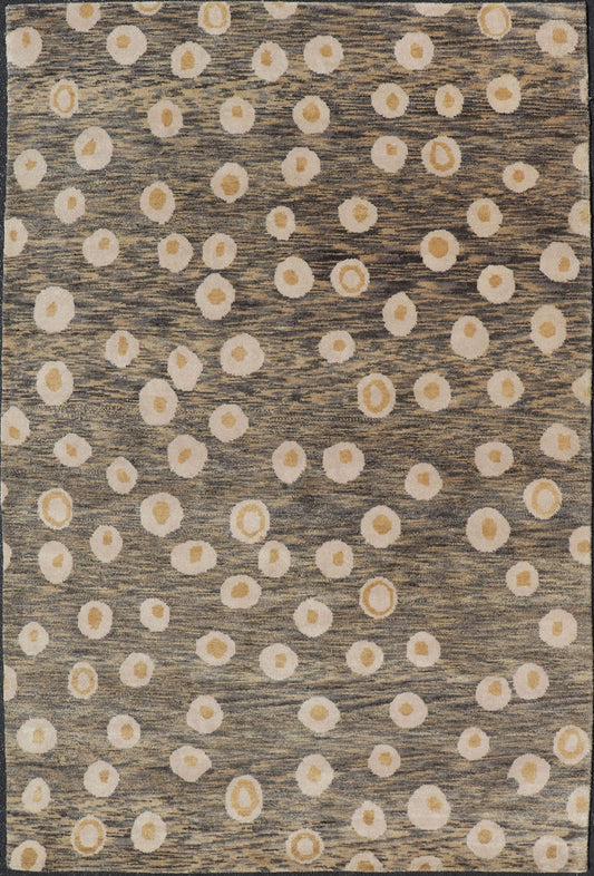Modern Rug With Abstract Design in Shades of Green - Brown, Cream and Yellow Measures 5'10 x 8'10 This piece features a blended field background, rendered in camel, green, and cocoa. The design is an asymmetrical dot pattern in cream and mu... - Keivan Woven ArtsIN - ILM - 175 - MFL - 0007 - 20952