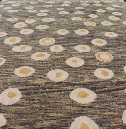 Modern Rug With Abstract Design in Shades of Green - Brown, Cream and Yellow Measures 5'10 x 8'10 This piece features a blended field background, rendered in camel, green, and cocoa. The design is an asymmetrical dot pattern in cream and mu... - Keivan Woven ArtsIN - ILM - 175 - MFL - 0007 - 20952