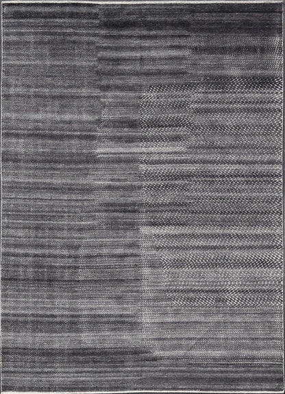 This modern abstract rug was hand - knotted with wool in India. The design features no definite pattern, but "scrapes" of ivory on a smoky charcoal background, loosely giving a tire track likeness. This piece is contemporary and neutral, yet masculine an... - Keivan Woven ArtsIN - ILM - 3391 - MN - 0043 - 18156