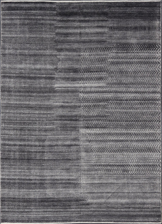 This modern abstract rug was hand - knotted with wool in India. The design features no definite pattern, but "scrapes" of ivory on a smoky charcoal background, loosely giving a tire track likeness. This piece is contemporary and neutral, yet masculine an... - Keivan Woven ArtsIN - ILM - 3391 - MN - 0043 - 18156
