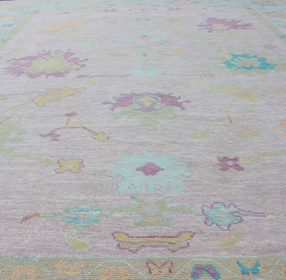Modern Oushak Designed Rug In Wool With Light Pink and A Ice Blue Border Measures 9'5 x 12'1 Country of Origin: India; Type: Oushak; Design: All - Over, Floral; Keivan Woven Arts: rug IN - JAI - 3922; Indian Oushak Rug Made With Wool in Cotton ... - Keivan Woven ArtsIN - JAI - 3922 - 13480Rug