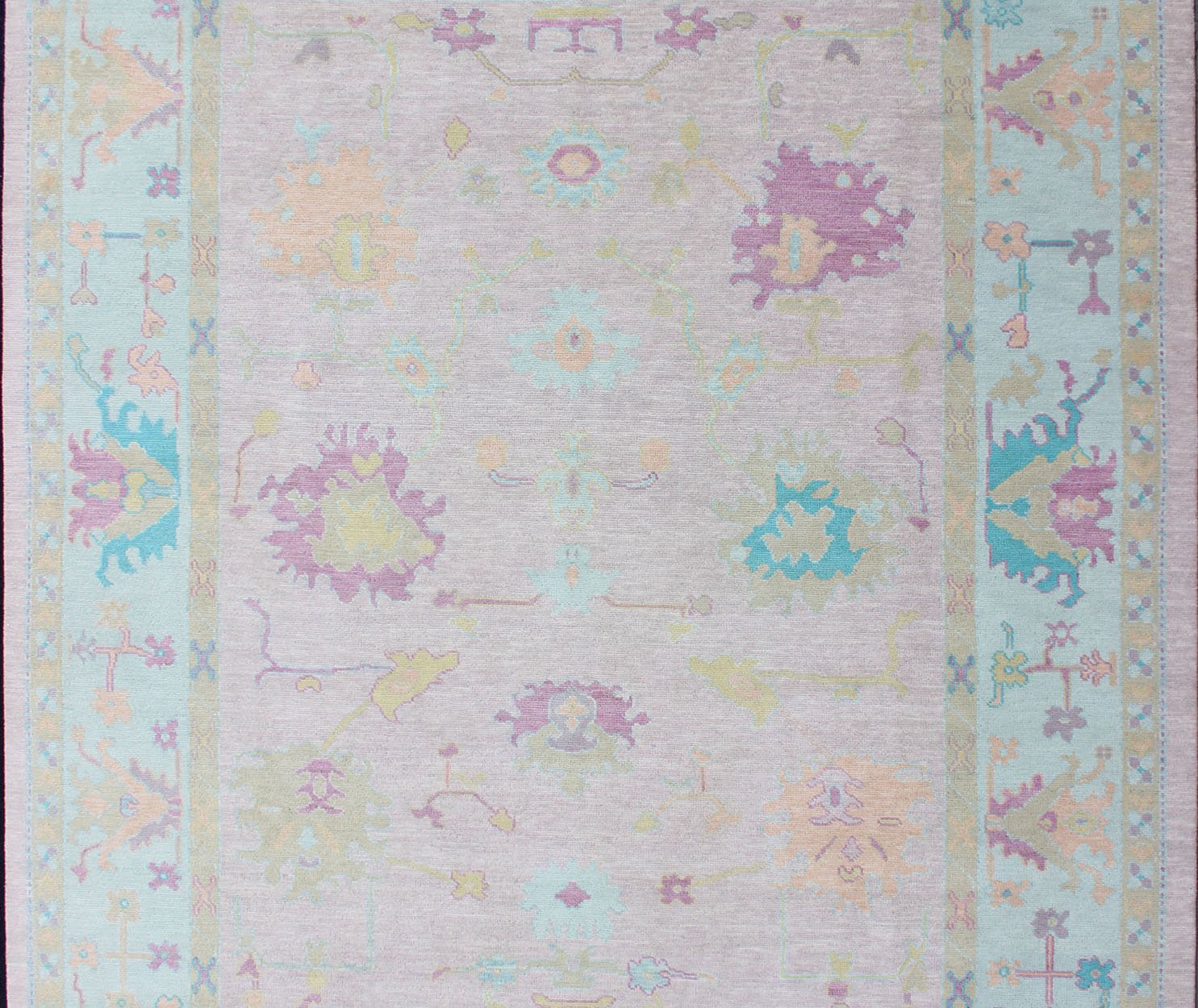 Modern Oushak Designed Rug In Wool With Light Pink and A Ice Blue Border Measures 9'5 x 12'1 Country of Origin: India; Type: Oushak; Design: All - Over, Floral; Keivan Woven Arts: rug IN - JAI - 3922; Indian Oushak Rug Made With Wool in Cotton ... - Keivan Woven ArtsIN - JAI - 3922 - 13480Rug