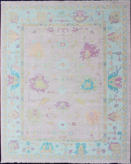 Modern Oushak Designed Rug In Wool With Light Pink and A Ice Blue Border Measures 9'5 x 12'1 Country of Origin: India; Type: Oushak; Design: All - Over, Floral; Keivan Woven Arts: rug IN - JAI - 3922; Indian Oushak Rug Made With Wool in Cotton ... - Keivan Woven ArtsIN - JAI - 3922 - 13480Rug