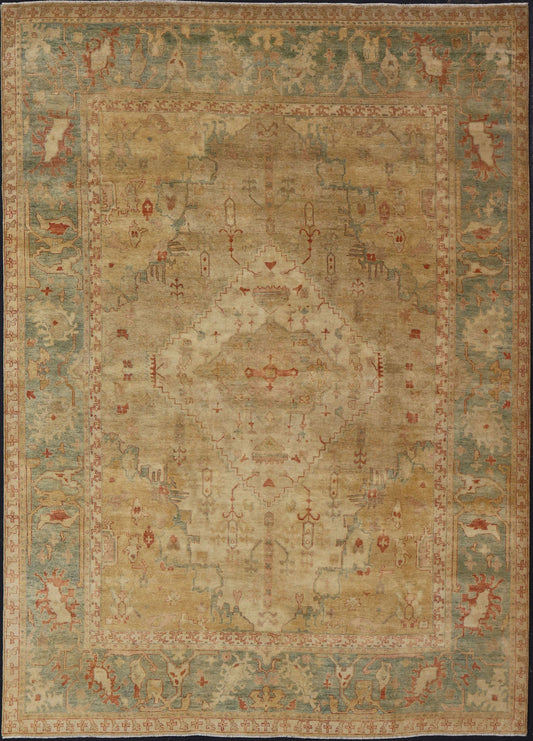 Oversized Hand - Knotted Tribal Diamond Oushak in Tan and Green Tones Measures 10'3 x 14'3 Country of Origin: India; Type: Oushak; Design: All - Over, Medallion; Keivan Woven Arts: rug IN - JVD - 6017; Oversized Hand - Knotted Tribal Diamond O... - Keivan Woven ArtsIN - JVD - 6017 - 15438