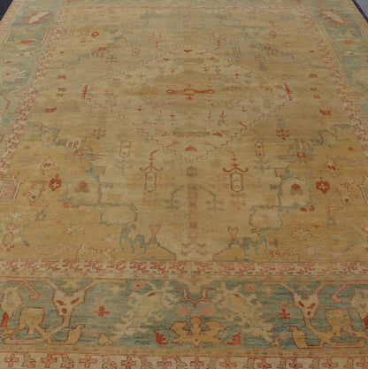 Oversized Hand - Knotted Tribal Diamond Oushak in Tan and Green Tones Measures 10'3 x 14'3 Country of Origin: India; Type: Oushak; Design: All - Over, Medallion; Keivan Woven Arts: rug IN - JVD - 6017; Oversized Hand - Knotted Tribal Diamond O... - Keivan Woven ArtsIN - JVD - 6017 - 15438Rug