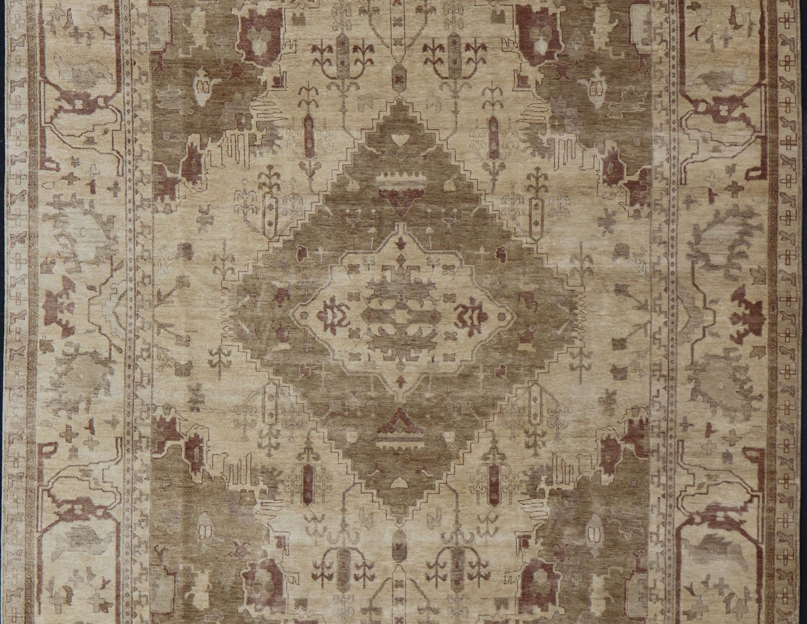 Indian Floral Medallion Oushak Area Rug Hand - Knotted in Tan, Taupe, and Brown. Country of Origin: India; Type: Oushak; Design: All - Over, Floral Medallion; Keivan Woven Arts: rug IN - JVD - 6018; Indian Floral Medallion Oushak Area Rug. Measures: 10'2 x... - Keivan Woven ArtsIN - JVD - 6018 - 15442Rug