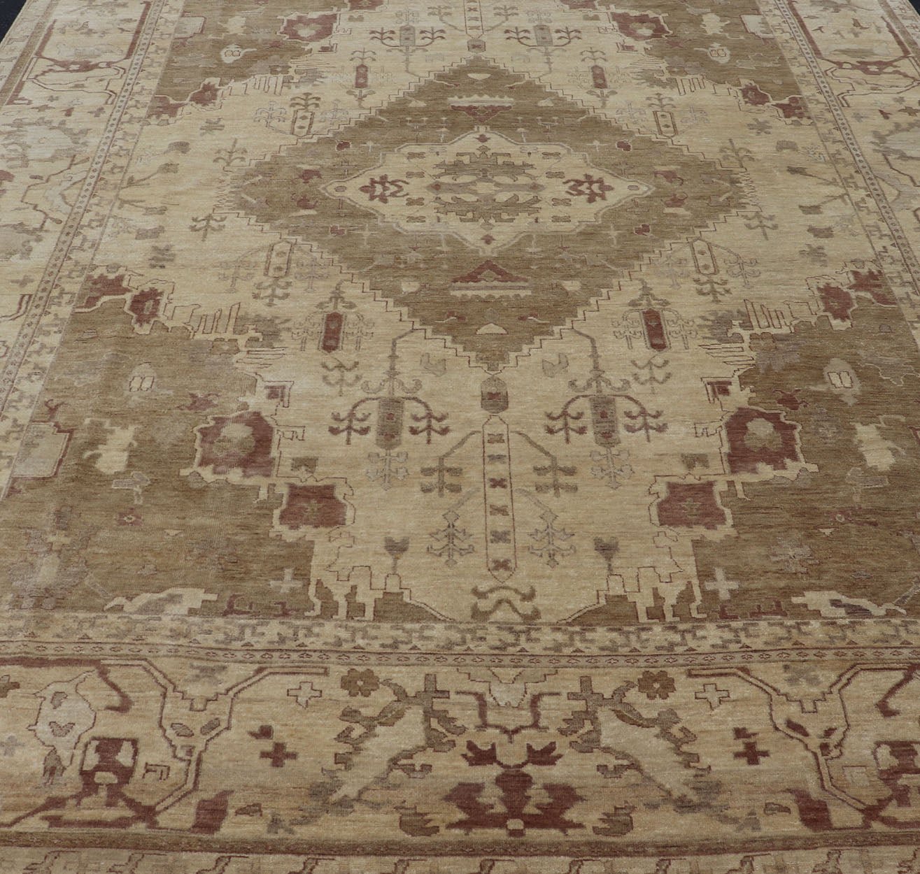 Indian Floral Medallion Oushak Area Rug Hand - Knotted in Tan, Taupe, and Brown. Country of Origin: India; Type: Oushak; Design: All - Over, Floral Medallion; Keivan Woven Arts: rug IN - JVD - 6018; Indian Floral Medallion Oushak Area Rug. Measures: 10'2 x... - Keivan Woven ArtsIN - JVD - 6018 - 15442Rug