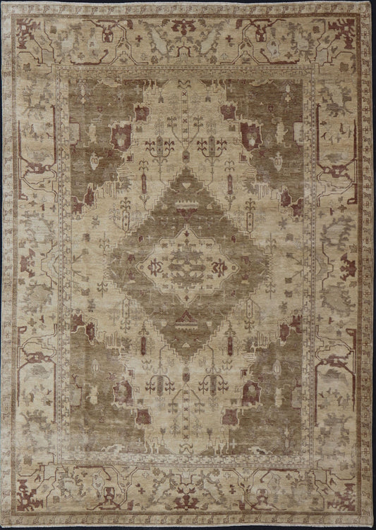 Indian Floral Medallion Oushak Area Rug Hand - Knotted in Tan, Taupe, and Brown. Country of Origin: India; Type: Oushak; Design: All - Over, Floral Medallion; Keivan Woven Arts: rug IN - JVD - 6018; Indian Floral Medallion Oushak Area Rug. Measures: 10'2 x... - Keivan Woven ArtsIN - JVD - 6018 - 15442