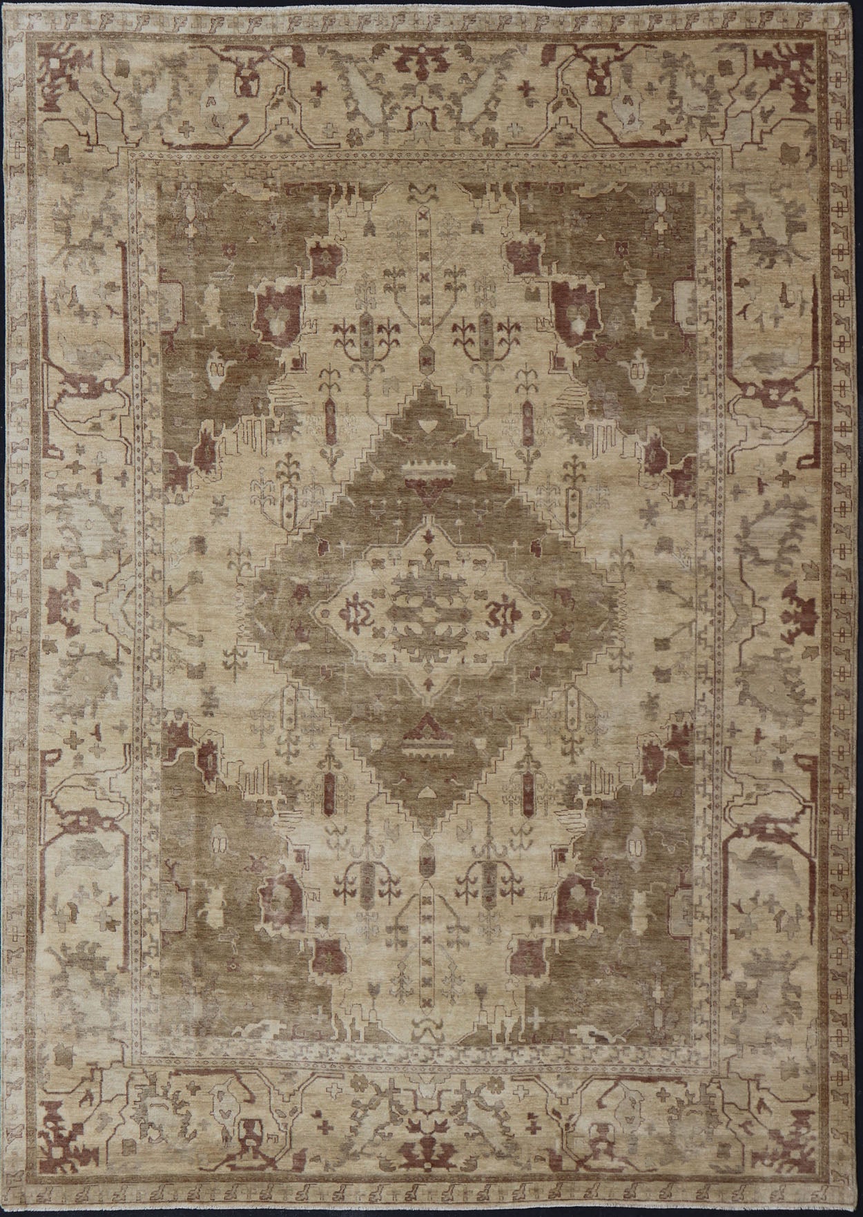 Indian Floral Medallion Oushak Area Rug Hand - Knotted in Tan, Taupe, and Brown. Country of Origin: India; Type: Oushak; Design: All - Over, Floral Medallion; Keivan Woven Arts: rug IN - JVD - 6018; Indian Floral Medallion Oushak Area Rug. Measures: 10'2 x... - Keivan Woven ArtsIN - JVD - 6018 - 15442Rug
