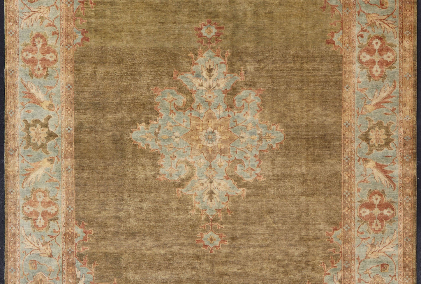 Indian Floral Medallion Oushak Area Rug Hand - Knotted in Green and Blue Measures 9'10 x 14'2 Country of Origin: India; Type: Oushak; Design: All - Over, Floral Medallion; Keivan Woven Arts: rug IN - JVD - 6019; Indian Floral Medallion Ousha... - Keivan Woven ArtsIN - JVD - 6019 - 15446Rug
