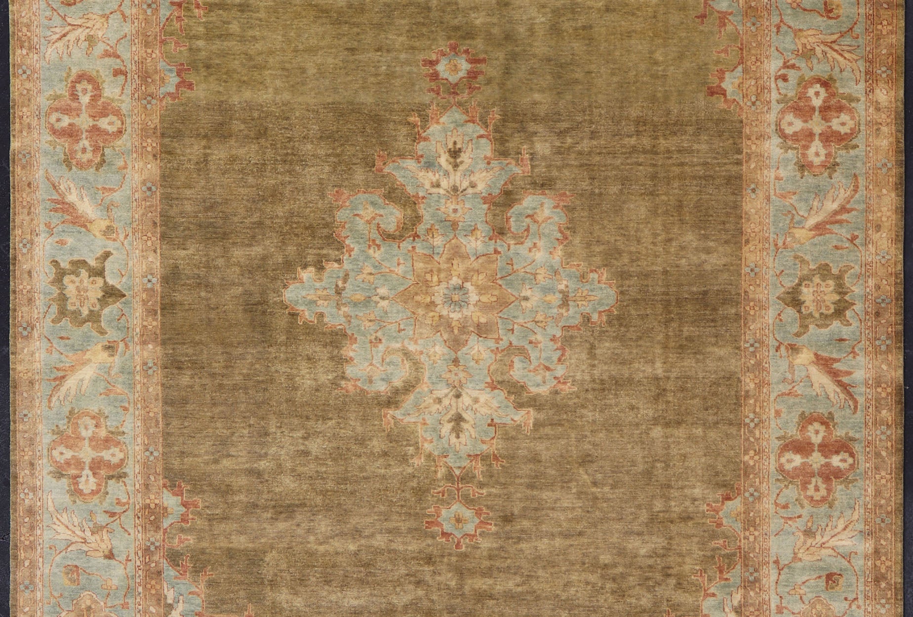 Indian Floral Medallion Oushak Area Rug Hand - Knotted in Green and Blue Measures 9'10 x 14'2 Country of Origin: India; Type: Oushak; Design: All - Over, Floral Medallion; Keivan Woven Arts: rug IN - JVD - 6019; Indian Floral Medallion Ousha... - Keivan Woven ArtsIN - JVD - 6019 - 15446Rug