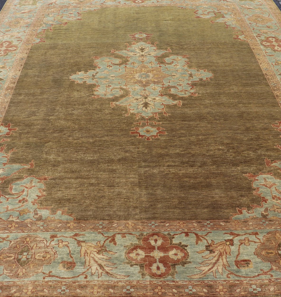 Indian Floral Medallion Oushak Area Rug Hand - Knotted in Green and Blue Measures 9'10 x 14'2 Country of Origin: India; Type: Oushak; Design: All - Over, Floral Medallion; Keivan Woven Arts: rug IN - JVD - 6019; Indian Floral Medallion Ousha... - Keivan Woven ArtsIN - JVD - 6019 - 15446Rug