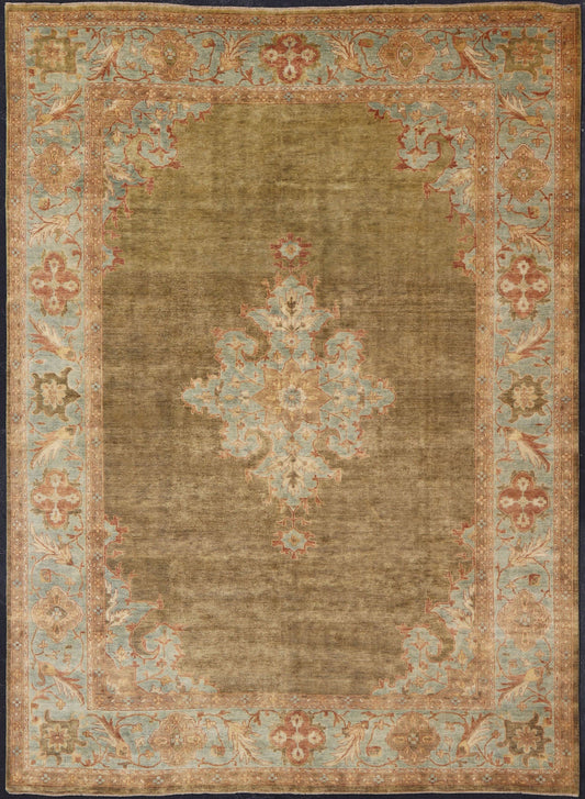 Indian Floral Medallion Oushak Area Rug Hand - Knotted in Green and Blue Measures 9'10 x 14'2 Country of Origin: India; Type: Oushak; Design: All - Over, Floral Medallion; Keivan Woven Arts: rug IN - JVD - 6019; Indian Floral Medallion Ousha... - Keivan Woven ArtsIN - JVD - 6019 - 15446