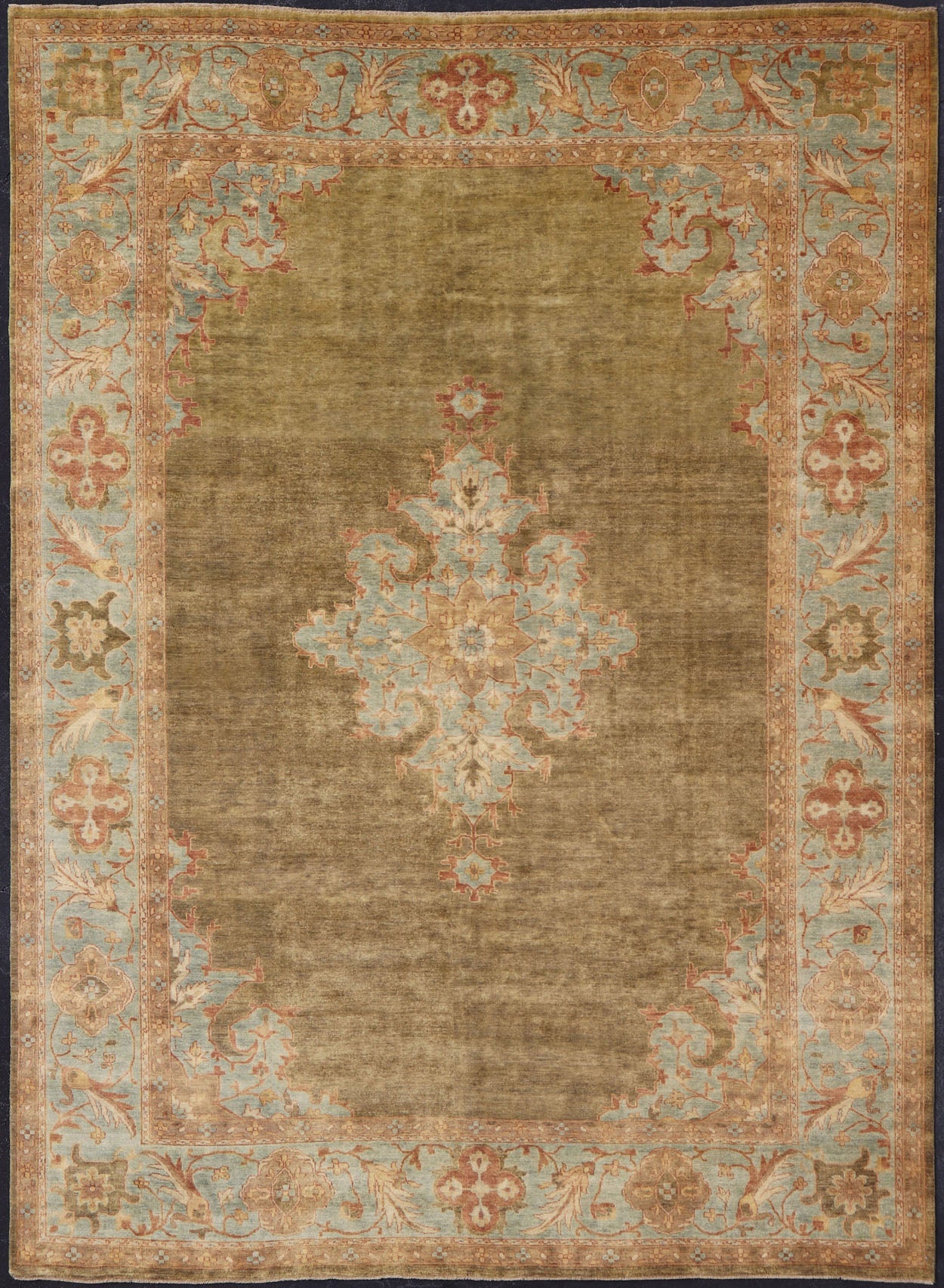 Indian Floral Medallion Oushak Area Rug Hand - Knotted in Green and Blue Measures 9'10 x 14'2 Country of Origin: India; Type: Oushak; Design: All - Over, Floral Medallion; Keivan Woven Arts: rug IN - JVD - 6019; Indian Floral Medallion Ousha... - Keivan Woven ArtsIN - JVD - 6019 - 15446Rug