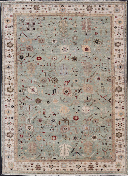 Indian Hand - Knotted Wool Oushak Rug in Turquoise, Cream, and Red Measures 9'11 x 13'6 Country of Origin: India; Type: Oushak; Design: All - Over, Floral; Keivan Woven Arts: rug IN - PRA - 1114; Indian Hand - Knotted Wool Oushak Rug in Tur... - Keivan Woven ArtsIN - PRA - 1114 - 15434Rug