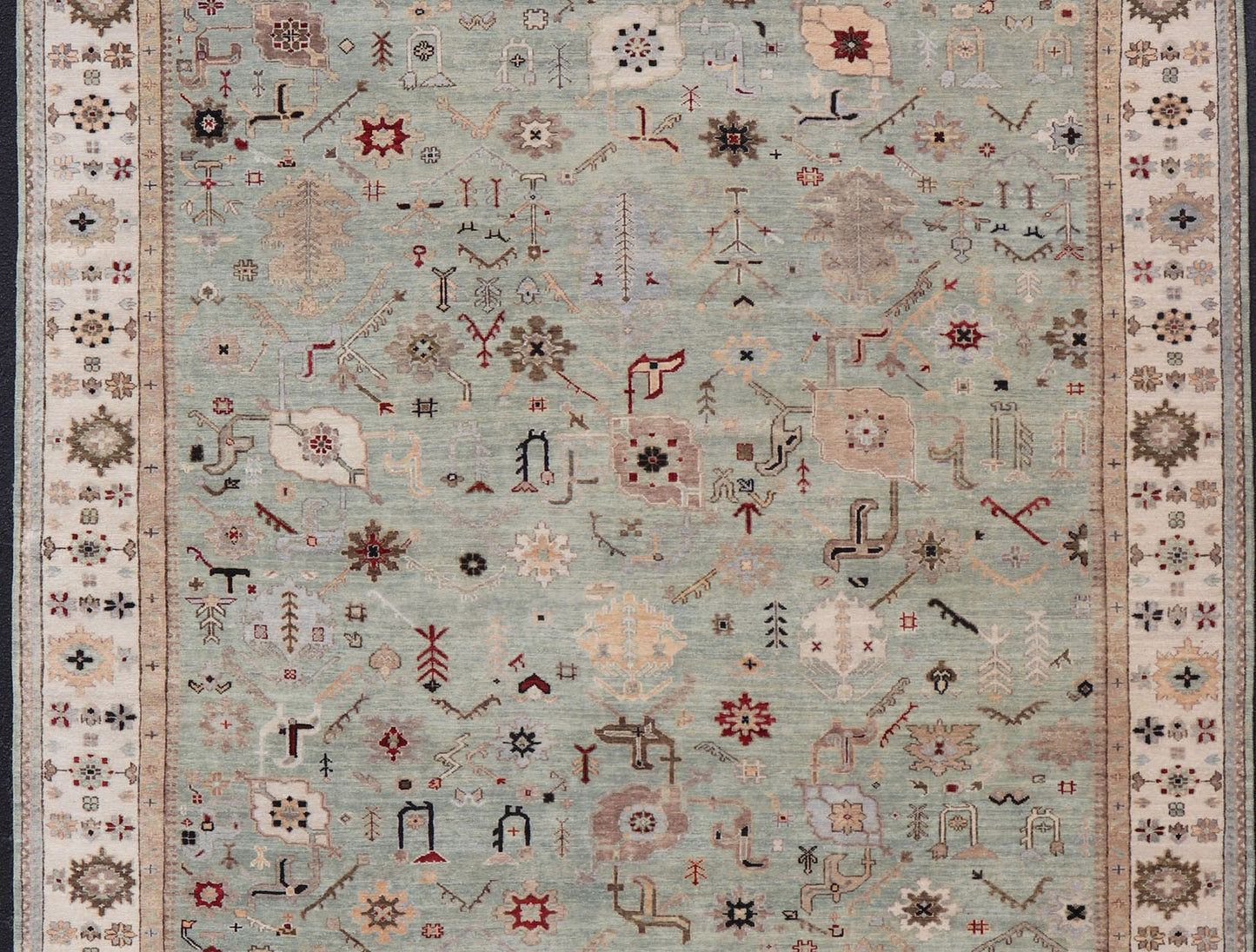 Indian Hand - Knotted Wool Oushak Rug in Turquoise, Cream, and Red Measures 9'11 x 13'6 Country of Origin: India; Type: Oushak; Design: All - Over, Floral; Keivan Woven Arts: rug IN - PRA - 1114; Indian Hand - Knotted Wool Oushak Rug in Tur... - Keivan Woven ArtsIN - PRA - 1114 - 15434