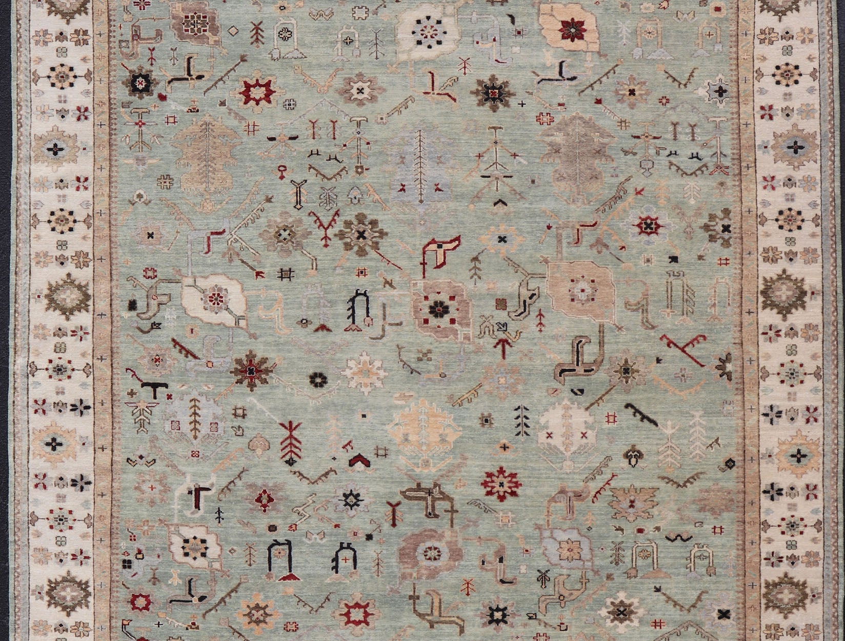 Indian Hand - Knotted Wool Oushak Rug in Turquoise, Cream, and Red Measures 9'11 x 13'6 Country of Origin: India; Type: Oushak; Design: All - Over, Floral; Keivan Woven Arts: rug IN - PRA - 1114; Indian Hand - Knotted Wool Oushak Rug in Tur... - Keivan Woven ArtsIN - PRA - 1114 - 15434