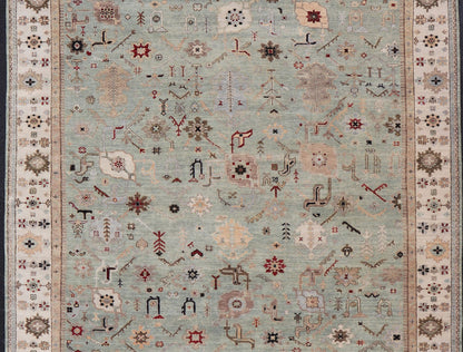 Indian Hand - Knotted Wool Oushak Rug in Turquoise, Cream, and Red Measures 9'11 x 13'6 Country of Origin: India; Type: Oushak; Design: All - Over, Floral; Keivan Woven Arts: rug IN - PRA - 1114; Indian Hand - Knotted Wool Oushak Rug in Tur... - Keivan Woven ArtsIN - PRA - 1114 - 15434