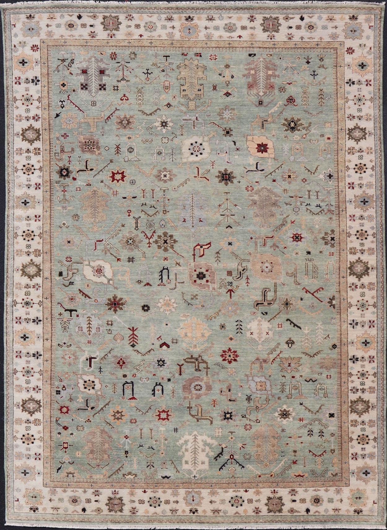 Indian Hand - Knotted Wool Oushak Rug in Turquoise, Cream, and Red Measures 9'11 x 13'6 Country of Origin: India; Type: Oushak; Design: All - Over, Floral; Keivan Woven Arts: rug IN - PRA - 1114; Indian Hand - Knotted Wool Oushak Rug in Tur... - Keivan Woven ArtsIN - PRA - 1114 - 15434