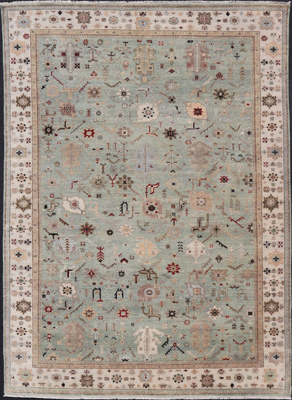 Indian Hand - Knotted Wool Oushak Rug in Turquoise, Cream, and Red Measures 9'11 x 13'6 Country of Origin: India; Type: Oushak; Design: All - Over, Floral; Keivan Woven Arts: rug IN - PRA - 1114; Indian Hand - Knotted Wool Oushak Rug in Tur... - Keivan Woven ArtsIN - PRA - 1114 - 15434
