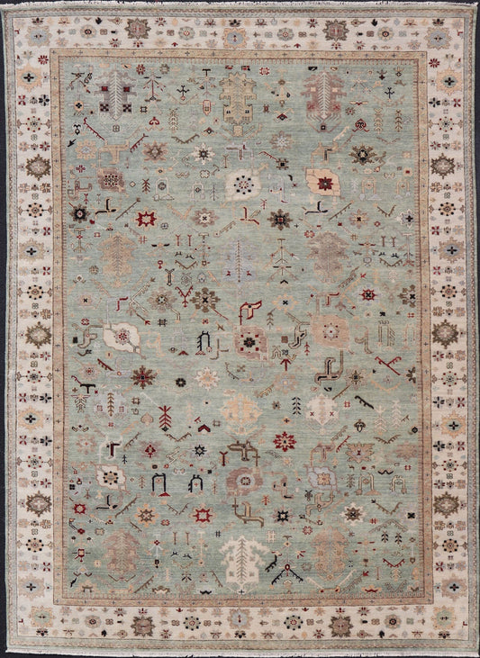Indian Hand - Knotted Wool Oushak Rug in Turquoise, Cream, and Red Measures 9'11 x 13'6 Country of Origin: India; Type: Oushak; Design: All - Over, Floral; Keivan Woven Arts: rug IN - PRA - 1114; Indian Hand - Knotted Wool Oushak Rug in Tur... - Keivan Woven ArtsIN - PRA - 1114 - 15434