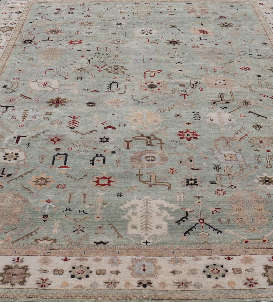 Indian Hand - Knotted Wool Oushak Rug in Turquoise, Cream, and Red Measures 9'11 x 13'6 Country of Origin: India; Type: Oushak; Design: All - Over, Floral; Keivan Woven Arts: rug IN - PRA - 1114; Indian Hand - Knotted Wool Oushak Rug in Tur... - Keivan Woven ArtsIN - PRA - 1114 - 15434