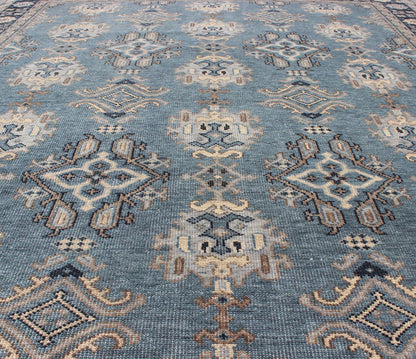 Blue and Brown Hand - Knotted Indian Wool Oushak Area Rug With All - Over Design Measures 7'11 x 9'9 Country of Origin: India; Type: Oushak; Design: All - Over, Floral; Keivan Woven Arts: IN - TVN - 101; Blue and Taupe Hand - Knotted Indian Wool Ous... - Keivan Woven ArtsIN - TVN - 101 - 9645Rug
