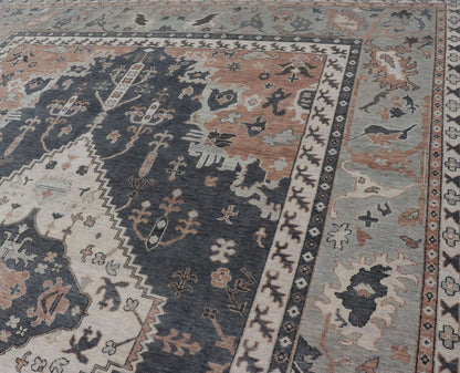 Wool Indian Oushak With Botanical Design in Taupe, Charcoal, Ivory, and Orange Measures 9'0 x 12'4 Country of Origin: India; Type: Oushak; Design: All - Over, Botanical, Motif; Keivan Woven Arts: rug IN - TVN - 1093; Wool Indian Oushak ... - Keivan Woven ArtsIN - TVN - 1093 - 15464Rug